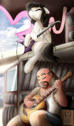 Size: 1700x2900 | Tagged: safe, artist:elmutanto, oc, oc:flying melody, human, pegasus, pony, crossover, duo, duo male, flying v, greg universe, guitar, human male, jamming out, male, musical instrument, stallion, steven universe, van