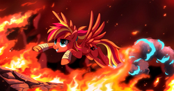 Size: 1375x720 | Tagged: dead source, safe, artist:ruhje, oc, oc only, oc:fire strike, pegasus, pony, badass, bandage, commission, female, fire, flying, grin, mare, smiling, solo, spread wings, wings