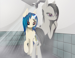 Size: 3300x2550 | Tagged: safe, artist:styroponyworks, derpibooru exclusive, dj pon-3, octavia melody, vinyl scratch, earth pony, pony, unicorn, g4, bathing, cleaning, cropped, dock, eyes on the prize, female, high res, lesbian, levitation, lineless, looking at butt, magic, mare, ship:scratchtavia, shipping, shower, sponge, washing, water, wet, wet mane, wrong eye color