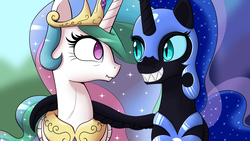Size: 1244x700 | Tagged: safe, artist:deusexequus, nightmare moon, princess celestia, alicorn, pony, fanfic:the trials and tribulations of trying to date twilight sparkle, g4, duo, fanfic, fanfic art, female, grin, scrunchy face, shrunken pupils, siblings, sisters, smiling, wing hold
