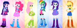 Size: 1280x465 | Tagged: safe, edit, edited screencap, screencap, applejack, fluttershy, pinkie pie, rainbow dash, rarity, twilight sparkle, equestria girls, g4, backpack, balloon, boots, bowtie, bracelet, clothes, commercial, compression shorts, cowboy boots, cowboy hat, cropped, crossed arms, cute, denim skirt, eg stomp, equestria girls prototype, hat, high heel boots, humane five, humane six, jewelry, leg warmers, looking at you, magic of friendship (equestria girls), mane six, music video, orange background, pink background, purple background, raised leg, shoes, skirt, socks, stetson, wristband, yellow background