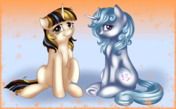 Size: 3513x2159 | Tagged: safe, artist:ilynalta, oc, oc only, oc:melodia, oc:paradox nebula, pony, unicorn, collaboration, duo, female, high res, looking at you, mare, raised hoof, sitting, smiling