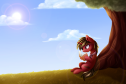 Size: 4487x2994 | Tagged: safe, artist:scarlet-spectrum, oc, oc only, pony, unicorn, book, cloud, female, grass, high res, mare, reading, sitting, sky, smiling, solo, sun, tree