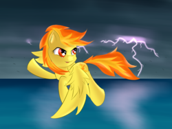 Size: 1600x1200 | Tagged: safe, artist:brok-enwings, spitfire, pegasus, pony, g4, female, flying, lightning, mare, solo