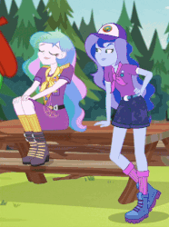 Size: 378x507 | Tagged: safe, screencap, princess celestia, princess luna, principal celestia, vice principal luna, watermelody, equestria girls, g4, legend of everfree, animated, boots, camp everfree outfits, cap, clothes, crescent moon, cropped, cute, female, gif, hat, moon, raised leg, sash, scarf, socks, sun, table, talking, tree