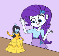 Size: 3700x3500 | Tagged: safe, artist:khuzang, rarity, oc, oc:alluria, megalodon, shark, equestria girls, g4, beauty and the beast, breasts, clothes, commission, dress, duo, female, happy, high res, micro, non-mlp oc, simple background, smiling