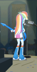 Size: 203x389 | Tagged: safe, screencap, cherry crash, rainbow dash, thunderbass, equestria girls, g4, my little pony equestria girls: rainbow rocks, animated, boots, clothes, compression shorts, confetti, cropped, electric guitar, gif, guitar, loop, microphone, musical instrument, raised leg, rear view, skirt, socks, tambourine, wristband
