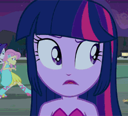 Size: 358x324 | Tagged: safe, screencap, fluttershy, rarity, twilight sparkle, alicorn, equestria girls, g4, my little pony equestria girls, angry, animated, boots, cropped, fall formal outfits, female, fist, gif, gritted teeth, high heel boots, implied sunset shimmer, scared, tree, twilight sparkle (alicorn)