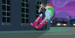 Size: 576x293 | Tagged: safe, artist:m48patton, edit, screencap, rainbow dash, equestria girls, g4, my little pony equestria girls, big crown thingy, boots, canterlot high, crown, cute, eyes closed, fall formal outfits, female, gif, high heel boots, jewelry, jumping, mountain, non-animated gif, regalia, solo, streetlight, tree