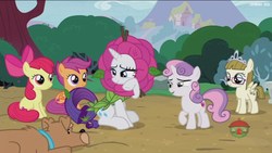 Size: 1920x1080 | Tagged: safe, screencap, apple bloom, rarity, ripley, scootaloo, sweetie belle, zippoorwhill, pony, forever filly, g4, cutie mark crusaders, flower costume, flowerity