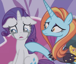 Size: 456x385 | Tagged: safe, screencap, rarity, sassy saddles, pony, forever filly, g4, animated, comforting, crying, female, floppy ears, gif, loop, makeup, marshmelodrama, mascarity, patting, running makeup