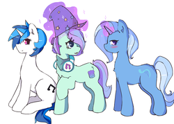 Size: 2834x2032 | Tagged: safe, artist:fluffleduckle, dj pon-3, trixie, vinyl scratch, oc, oc:berry snack, pony, unicorn, g4, blushing, clothes, dj lulamoon, female, hat, headphones, high res, lesbian, magic, magical lesbian spawn, mare, offspring, parent:trixie, parent:vinyl scratch, shipping, simple background, trixie's hat, white background