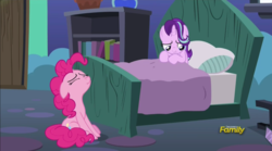 Size: 1359x758 | Tagged: safe, screencap, pinkie pie, starlight glimmer, pony, g4, rock solid friendship, bed, scrunchy face, starlight's room