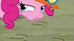 Size: 1356x759 | Tagged: safe, screencap, pinkie pie, earth pony, pony, g4, rock solid friendship, eating dirt, female, helmet, mare, mining helmet, scrunchy face, solo