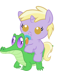 Size: 886x1017 | Tagged: safe, artist:red4567, dinky hooves, gummy, pony, g4, baby, baby dinky hooves, baby pony, cute, dinkabetes, pacifier, ponies riding gators, riding