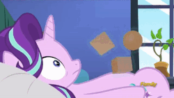 Size: 480x270 | Tagged: safe, edit, edited screencap, screencap, starlight glimmer, pony, unicorn, every little thing she does, g4, animated, bed, belly, blocks, bouncing, cube, female, gif, loop, mare, meme, octahedron, on bed, potted plant, reversed, solo, sphere, starlight bedridden, starlight's room