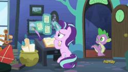 Size: 480x270 | Tagged: safe, screencap, spike, starlight glimmer, dragon, every little thing she does, g4, animated, gif, starlight's room