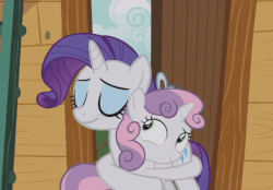 Size: 606x421 | Tagged: safe, screencap, rarity, sweetie belle, zippoorwhill, pony, unicorn, forever filly, g4, animated, female, gif, hape, hug