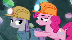 Size: 1280x720 | Tagged: safe, screencap, maud pie, pinkie pie, earth pony, pony, g4, my little pony: friendship is magic, rock solid friendship, helmet, lidded eyes, mining helmet, out of context