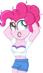 Size: 1493x2523 | Tagged: safe, artist:pastelhorses, pinkie pie, equestria girls, g4, belly button, breasts, cleavage, clothes, female, midriff, short shirt, shorts, solo