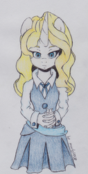 Size: 830x1630 | Tagged: safe, artist:marta4708, unicorn, anthro, clothes, diana cavendish, little witch academia, ponified, school uniform, skirt, solo, traditional art