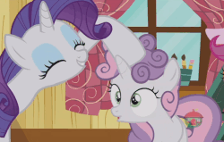 Size: 734x466 | Tagged: safe, screencap, rarity, sweetie belle, pony, unicorn, forever filly, g4, animated, female, gif, noogie, sisters