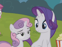 Size: 611x463 | Tagged: safe, screencap, rarity, sweetie belle, pony, forever filly, g4, animated, cute, eye shimmer, female, filly, food, gif, lip bite, mare, popcorn, raribetes, sweet dreams fuel, sweetie belle is not amused, unamused