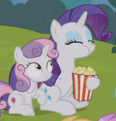 Size: 385x403 | Tagged: safe, screencap, rarity, sweetie belle, pony, forever filly, g4, animated, chewing, cropped, eating, female, food, gif, popcorn