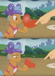 Size: 1356x1848 | Tagged: safe, edit, edited screencap, screencap, twisty pop, pony, forever filly, g4, balloon, boop, boop edit, deflation, finger, hand, heart balloon, moral event horizon, pure unfiltered evil, screencap comic