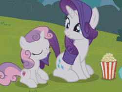 Size: 698x528 | Tagged: safe, screencap, rarity, sweetie belle, pony, unicorn, forever filly, g4, season 7, animated, chewing, cute, eating, female, filly, food, gif, glowing horn, grin, horn, looking at each other, magic, mare, open mouth, popcorn, raribetes, sisters, sitting, smiling, swallowing, sweetie belle is not amused, telekinesis, throat bulge, unamused