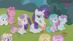 Size: 1236x692 | Tagged: safe, screencap, aura (g4), cotton cloudy, dinky hooves, liza doolots, noi, petunia, piña colada, rarity, ruby pinch, sweetie belle, tootsie flute, pony, forever filly, g4, aurabetes, cheering, cottonbetes, cute, diasweetes, dinkabetes, food, noiabetes, pina cutelada, pinchybetes, popcorn, raribetes, tootsie cute