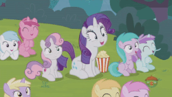 Size: 400x225 | Tagged: safe, screencap, aura (g4), cotton cloudy, dinky hooves, liza doolots, noi, petunia, piña colada, rarity, ruby pinch, sweetie belle, tootsie flute, pony, forever filly, g4, animated, female, food, gif, laughing, popcorn