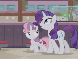 Size: 698x528 | Tagged: safe, screencap, rarity, sweetie belle, pony, unicorn, forever filly, g4, animated, blinking, climbing, female, filly, foal, gif, looking at each other, looking at someone, mare, sitting, stool, talking, the cmc's cutie marks, walking
