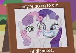 Size: 771x540 | Tagged: safe, edit, edited screencap, editor:potato22, screencap, rarity, sweetie belle, forever filly, g4, cute, diabetes, diasweetes, dying, photo, picture frame, raribetes, sisters, smiling, text