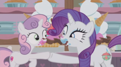 Size: 1236x692 | Tagged: safe, screencap, rarity, sweetie belle, pony, forever filly, g4, hoofbump, messy eating, sisters