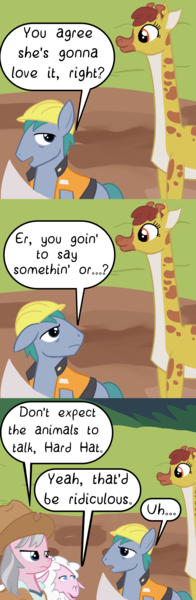 1430096 - safe, artist:oneovertwo, clementine, hard hat (g4), wrangler,  earth pony, giraffe, pony, sheep, fluttershy leans in, absurd resolution,  comic, hard hat, hat - Derpibooru