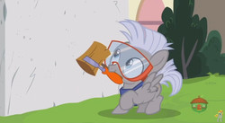 Size: 844x462 | Tagged: safe, screencap, chipcutter, pony, forever filly, g4, chipcuter, chisel, cute, goggles, mallet, safety goggles, solo, spread wings, wings