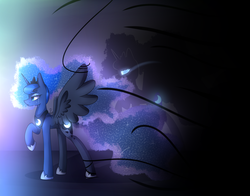 Size: 2300x1800 | Tagged: safe, artist:soundwavepie, nightmare moon, princess luna, pony, g4, crying, female, memories, raised hoof, solo, spread wings, wings