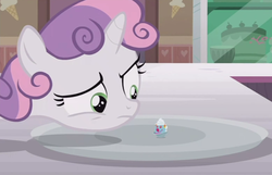 Size: 691x446 | Tagged: safe, screencap, sweetie belle, pony, forever filly, g4, female, filly clown suprise, food, ice cream, solo, sundae