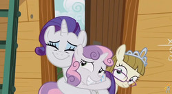 Size: 844x462 | Tagged: safe, screencap, rarity, sweetie belle, zippoorwhill, pony, forever filly, g4, hape, hug