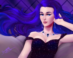 Size: 2500x2000 | Tagged: safe, artist:lerathescarletfox, princess luna, human, g4, armpits, clothes, couch, dress, female, high res, humanized, jewelry, necklace, solo