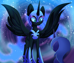 Size: 1409x1200 | Tagged: safe, artist:blazemizu, nightmare moon, princess luna, alicorn, pony, g4, chest fluff, duality, frown, s1 luna, spread wings, stare, wings