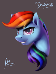 Size: 1024x1365 | Tagged: safe, artist:ac-whiteraven, rainbow dash, pegasus, pony, g4, bust, female, grin, mare, portrait, simple background, smiling, solo