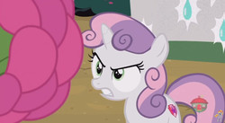Size: 844x462 | Tagged: safe, screencap, sweetie belle, pony, forever filly, g4, female, flower costume, flowerity, solo, sweetie belle is not amused