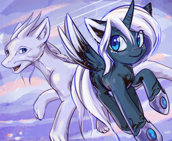 Size: 934x762 | Tagged: safe, artist:mirroredsea, princess luna, oc, oc:zefiroth, alicorn, dragon, pony, g4, alternate design, alternate universe, blue eyes, canon x oc, duo, eye clipping through hair, female, flying, i can't believe it's not magnaluna, mare, open mouth, smiling, white mane, white-haired luna