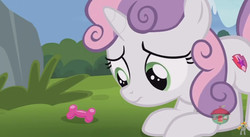 Size: 848x465 | Tagged: safe, screencap, sweetie belle, pony, forever filly, g4, dog toy, female, solo
