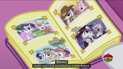 Size: 1366x768 | Tagged: safe, screencap, rarity, sweetie belle, pony, forever filly, g4, meme, x-men, youtube caption