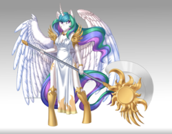 Size: 4202x3256 | Tagged: safe, artist:jay-kuro, princess celestia, alicorn, anthro, unguligrade anthro, g4, armor, axe, battle axe, clothes, colored pupils, curved horn, female, goddess, gradient background, high res, horn, mare, missing accessory, smiling, solo, warrior celestia, weapon