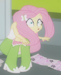 Size: 329x408 | Tagged: safe, screencap, fluttershy, equestria girls, g4, my little pony equestria girls, boots, clothes, cropped, female, flier, high heel boots, needs more jpeg, socks, solo, wide eyes