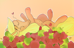 Size: 1280x828 | Tagged: safe, artist:bow2yourwaifu, applejack, earth pony, pony, g4, apple, belly button, bellyrubs, ear fluff, female, love, on back, petting, solo, that pony sure does love apples, waifu